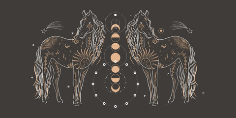 abstract illustration of a silhouette of the animal of the wild world. sacred geometry and celestial space bodies. bogemical of the sun and moon