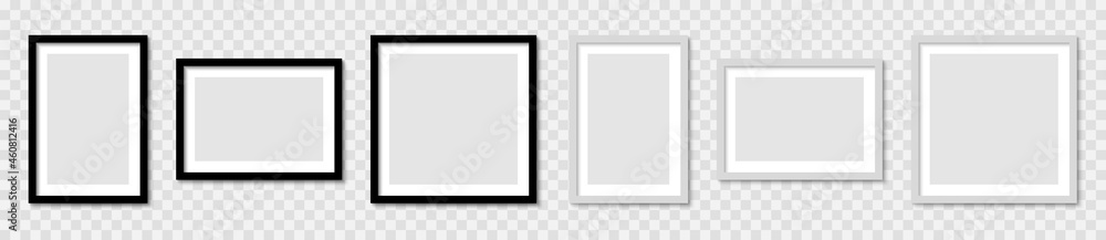 Poster Set realistic picture photo frame mockup, wall presentation, frame with shadow, blank frame border mockups, isolated pictures frames mock-up in different forms - stock vector