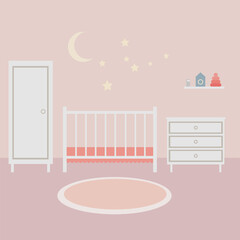 Children's interior in a flat style. Vector children's room for a little girl with furniture and stickers on the wall in the form of stars and the moon.