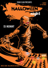 Egyptian Pharaoh Mummy mixing music on a DJ Mixer. Black and orange Halloween party flyer template. A4 format. EPS10 Vector illustration.