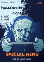 Frankenstein Monster serving his head on a tray. Moonlight Halloween party flyer template. A4 format. EPS10 Vector illustration.