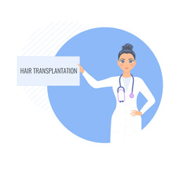 Fototapeta na wymiar Alopecia concept. Woman doctor holding hair transplantation board in his hand. Hair loss medical treatment design template. Vector flat illustration.
