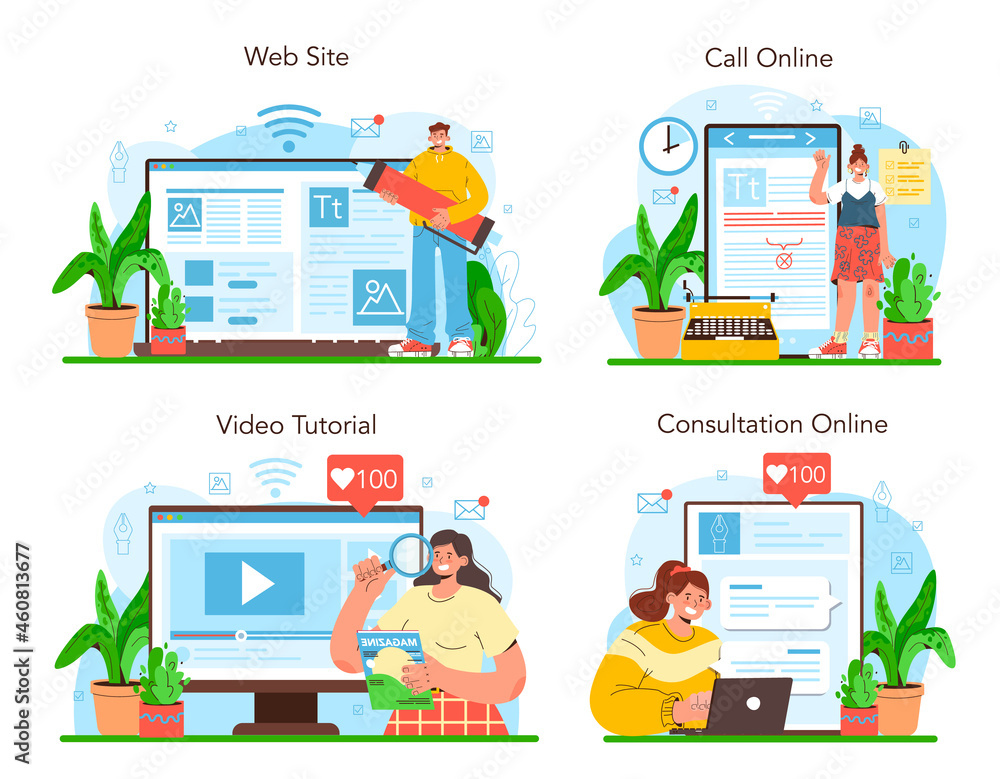 Poster publishing editor online service or platform set. journalist working
