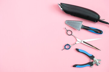 pet care and grooming tools on a pink background. pet care and hygiene concept.