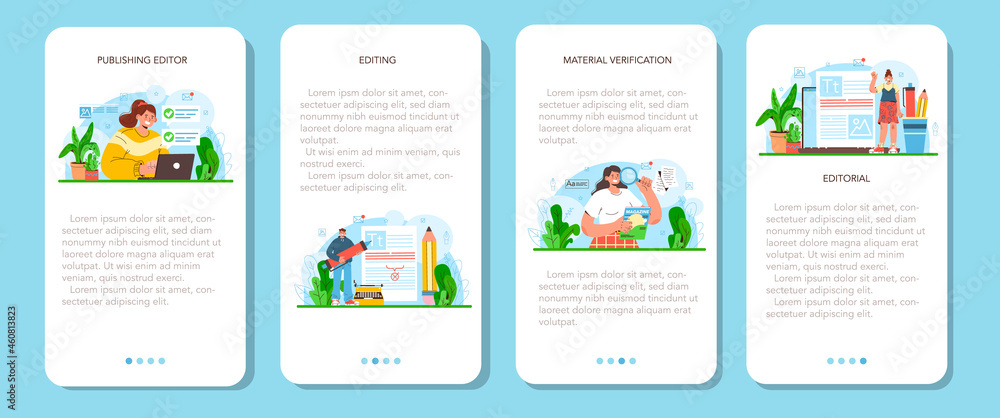 Poster publishing editor mobile application banner set. journalist working