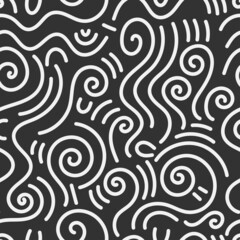 Fototapeta na wymiar Seamless abstract pattern on dark background. Vector doodle image. Graphic linear wallpaper.