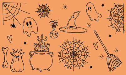 A collection of terrible cobwebs for Halloween design and decoration. Decoration for the celebration of Halloween. Vector, simple and flat illustration in doodle style. Cute spider web with patterns.