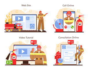Firefighter online service or platform set. Fire brigade fighting with flame