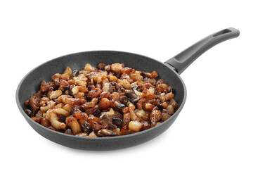 Tasty cracklings in frying pan isolated on white. Cooked pork lard