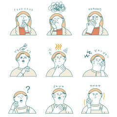 女性の表情イラストセット_更年期障害による症状など
