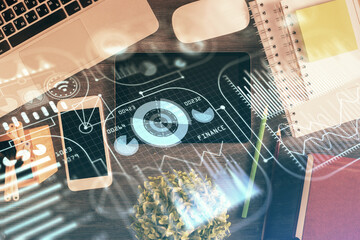 Multi exposure of technology theme drawing over table with phone. Top view. Concept of hightech.