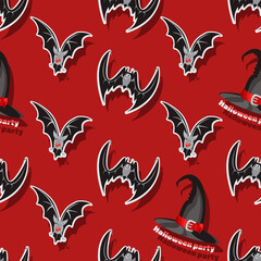 Fototapeta premium Halloween party. Bats. Halloween hat. Bright festive background for kids party, textiles, packaging
