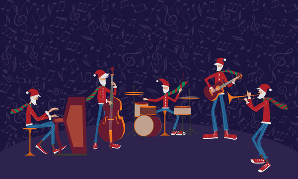 Christmas Santa Music Jazz Band. Character Vector Illustration. Dark Background With Musial Notes.