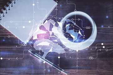 Double exposure of brain sketch and table top veiw. Concept of data analysis.