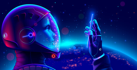 Cosmonaut in space suit in outer space with phone in hand looks at screen and makes selfie. Astronaut wearing helmet holds smartphone on orbit of planet Earth. Space tourist in spacesuit in cosmos. © AndSus
