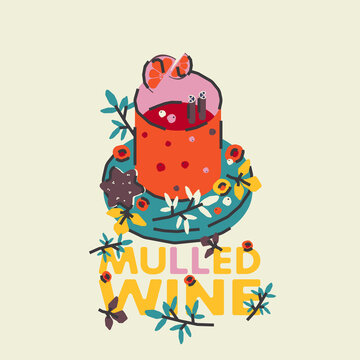 Mug of mulled wine with orange, berries and cinnamon. A hot drink. Autumn winter mood. Vector illustration. Can be used for menus, cafes and restaurants.