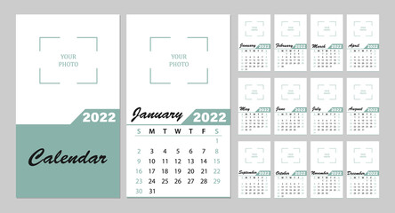 A simple monthly vertical wall layout of the photo calendar for 2022 in English. Calendar covers, templates for 12 months. The week starts on Sunday. Vector illustration