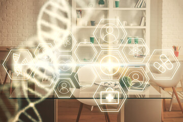 Double exposure of dna drawing and office interior background. Concept of science.