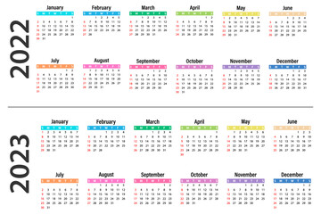 Calendar template for 2022 and 2023. Calendar design in different colors, holidays in red tones. Wall or pocket calendar template. White background. Vector
