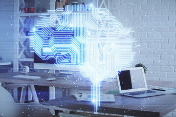 Multi exposure of brain drawing and office interior background. Concept of data technology.