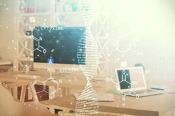 Double exposure of dna drawing and office interior background. Concept of science.