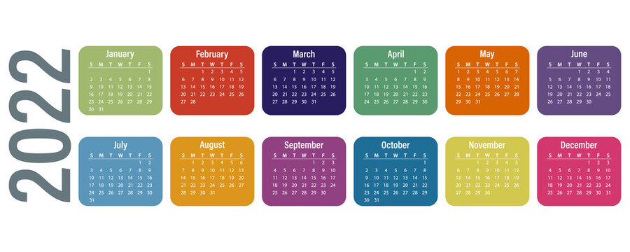 Horizontal color calendar for 2022, isolated on a white background. Each month has its own color. Vector illustration