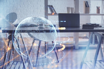 Multi exposure of world map drawing and office interior background. Concept of international network.