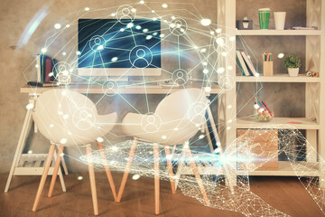 Double exposure of social network theme drawing and office interior background. Concept of web.
