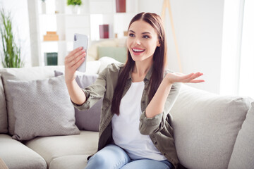 Photo of adorable pretty young lady wear green shirt sitting sofa having video call modern device indoors room home house