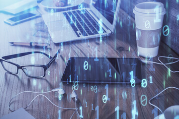 Double exposure of data theme drawing and mobile phone background. Concept of innovation