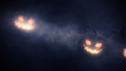 3d rendering of halloween pumpkins head jack o lantern and creepy mist in scary deep night background with copyspace.