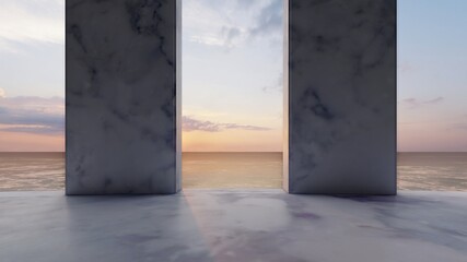 Fototapeta premium Interior background marble columns and sunset at sea 3d render
