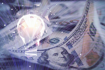Double exposure of light bulb drawing over usa dollars bill background. Concept of idea.