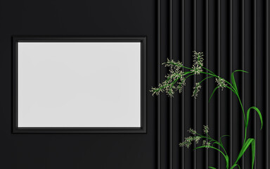 dark luxury horizontal photo frame mockup background with green leaves 3d rendering