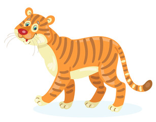 Funny tiger. In cartoon style. Isolated on white background. Vector flat illustration.