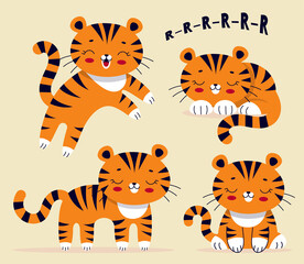 Fototapeta na wymiar Set of Cute tigers, symbol of the Chinese 2022 new year. Wild animal. Traditional calendar, greeting card. Vector flat cartoon illustration. Decor for nursery, clothes