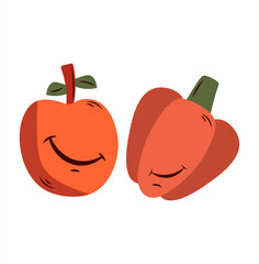 Cute flat fruit - apple and pepper with an anropomorphic face. Isolated vector close-up. Healthy vegan food. Design for print, web, books, games.