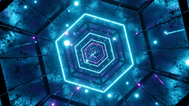 Seamless loop motion graphic of flying into rotation hexagon digital tunnel