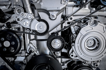 Close up of the mechanics of a car engine.