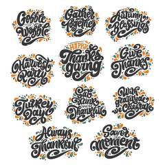 Thanksgiving Day stickers. Handwritten lettering. Vector text. Sticker, poster, logo. Design template celebration.