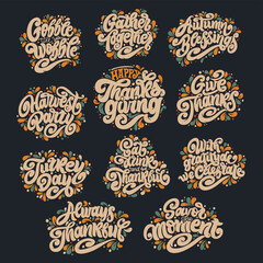 Thanksgiving Day stickers. Handwritten lettering. Vector text. Sticker, poster, logo. Design template celebration.