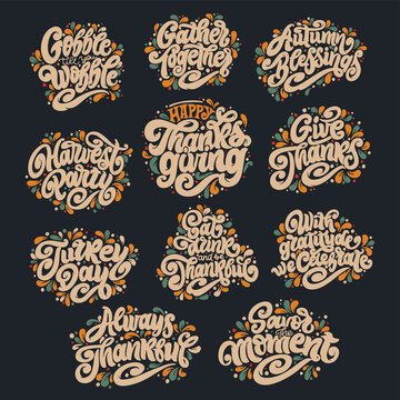 Thanksgiving Day Stickers. Handwritten Lettering. Vector Text. Sticker, Poster, Logo. Design Template Celebration.