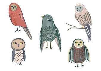 Digital illustration. Stickers set of cute funny birds.