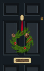 Fototapeta premium Front door with a Christmas wreath. Christmas decoration. Holiday card