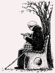 Freehand drawing of elderly woman with walking cane sitting on park bench and looking at smartphone