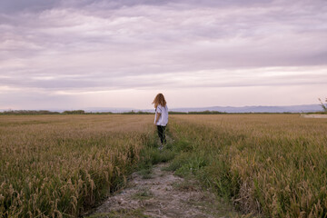Woman in a shirt walking through a rice paddy at sunset