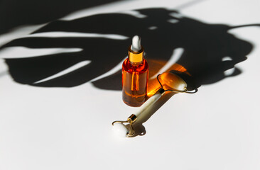 Trendy Beauty concept of Facial Serums, Natural Essential Oil in cosmetic bottles with dropper and bright sunligth shadow