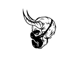 Black color illustration of skull head with horn wearing a mask