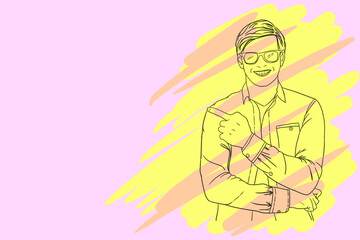 Smiling young nerdy bearded stylish student is standing on pure background in glasses and casual outfit, pointing on the copyspace