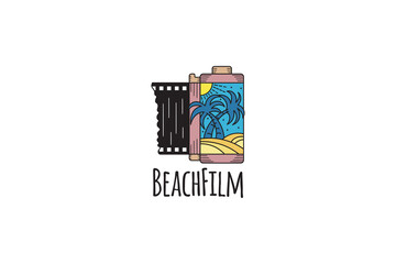 movie island landscape production logo design inspiration. beach roll film. isolated on horizontal layout background with white color